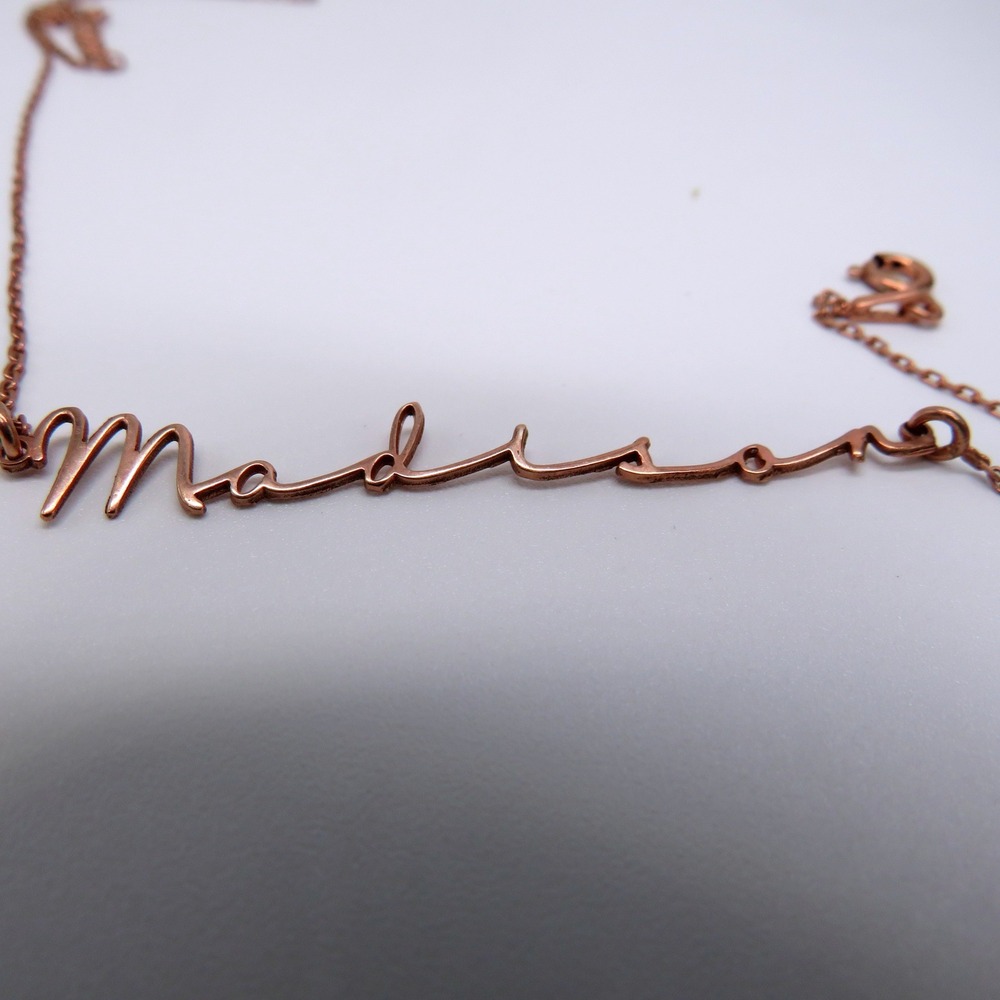 Madison Nameplate Necklace Rose Gold Tone Cursive Script 18in Adjustable Chain